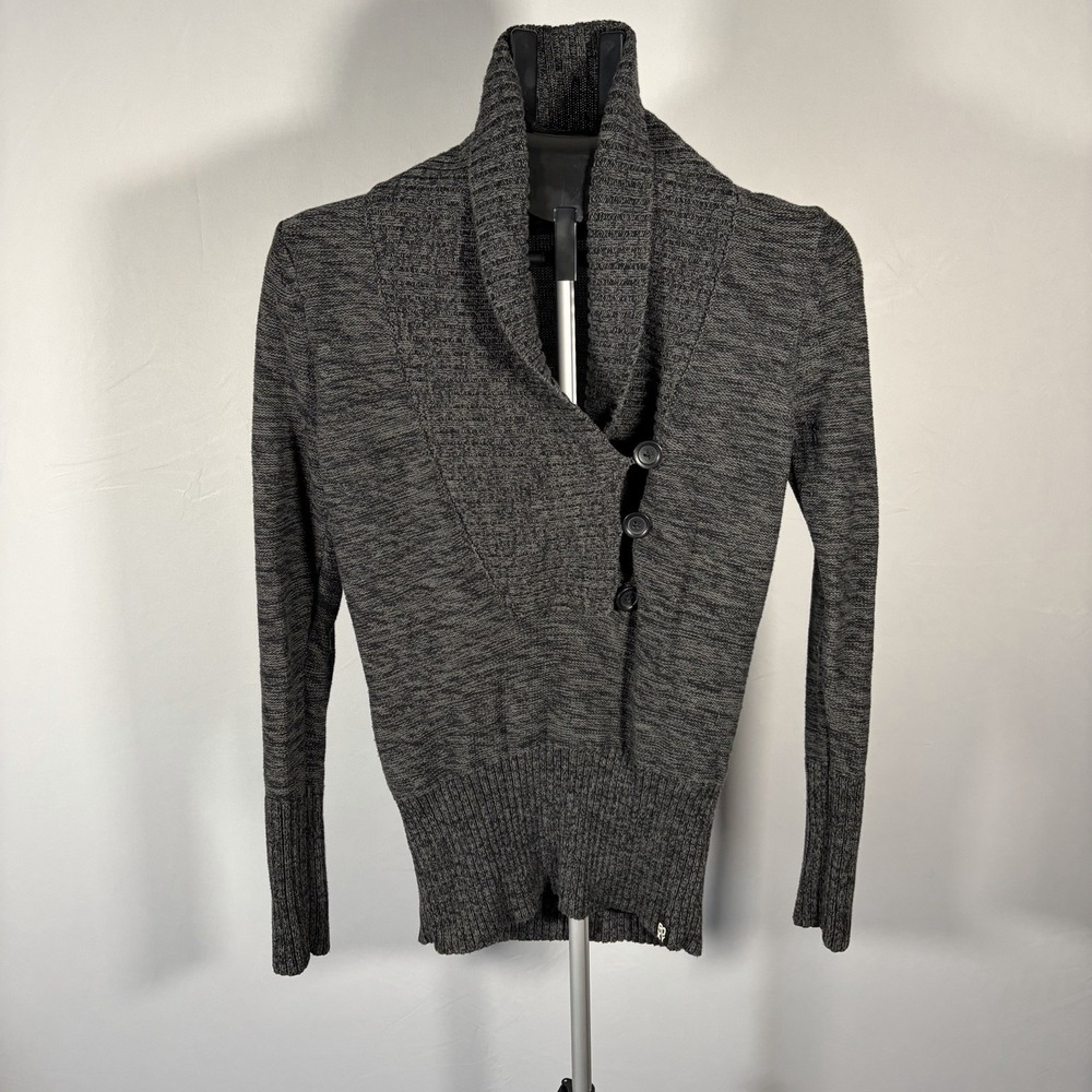 Roxy Medium Y2K Button V Neck Cowl Gray Long Sleeve Sweater Academia Soft Girl